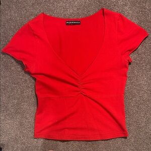 Brandy Melville Red Ruched V-Neck Top
